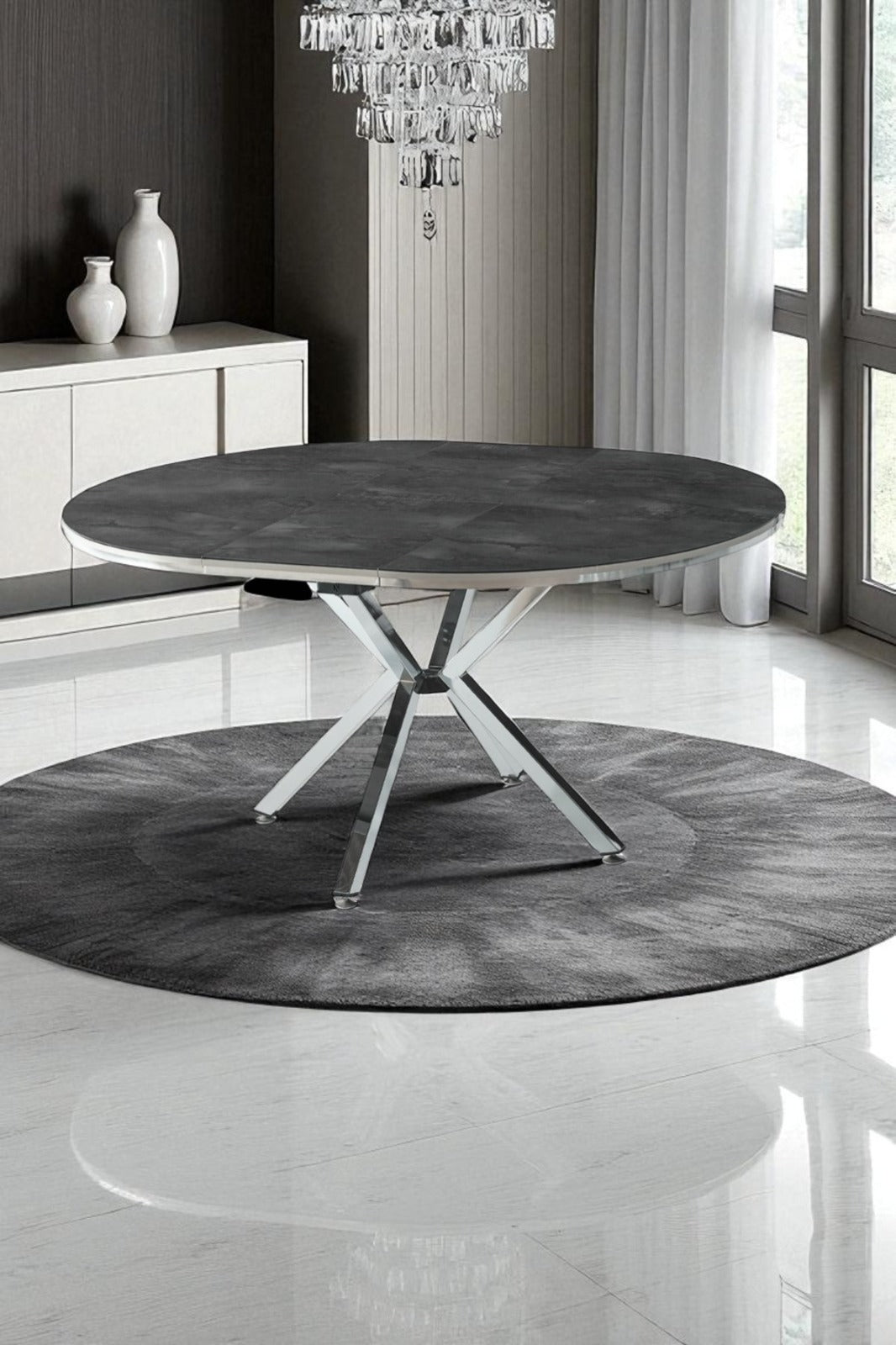 Arhor Serisi Antrasit Mermer Desen Krom Ayak Açılır Oval Yemek Masası (Q100 → Q134)