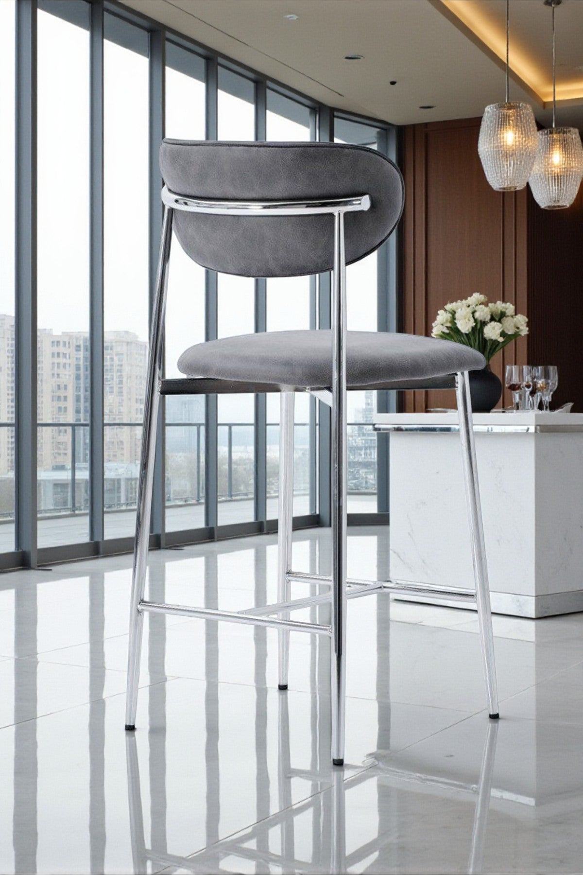 Hanev Serisi Metal Ayaklı BabyFace Kumaşlı 65 cm Bar Sandalyesi