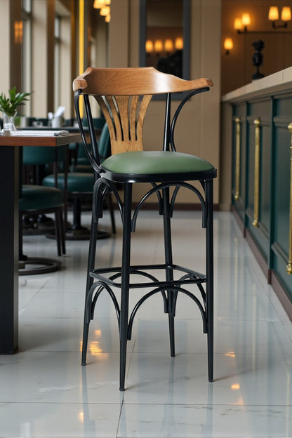 Vegas Serisi Ahşap Sırt Dayamalı Metal Ayaklı Yeşil Deri 65 CM Bar Sandalyesi