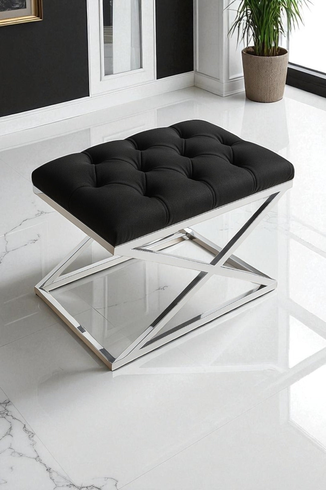 Delano X Bench Puf – Krom Metal Ayaklı, Babyface Kumaş, 40x60 cm, 44 cm Yükseklik