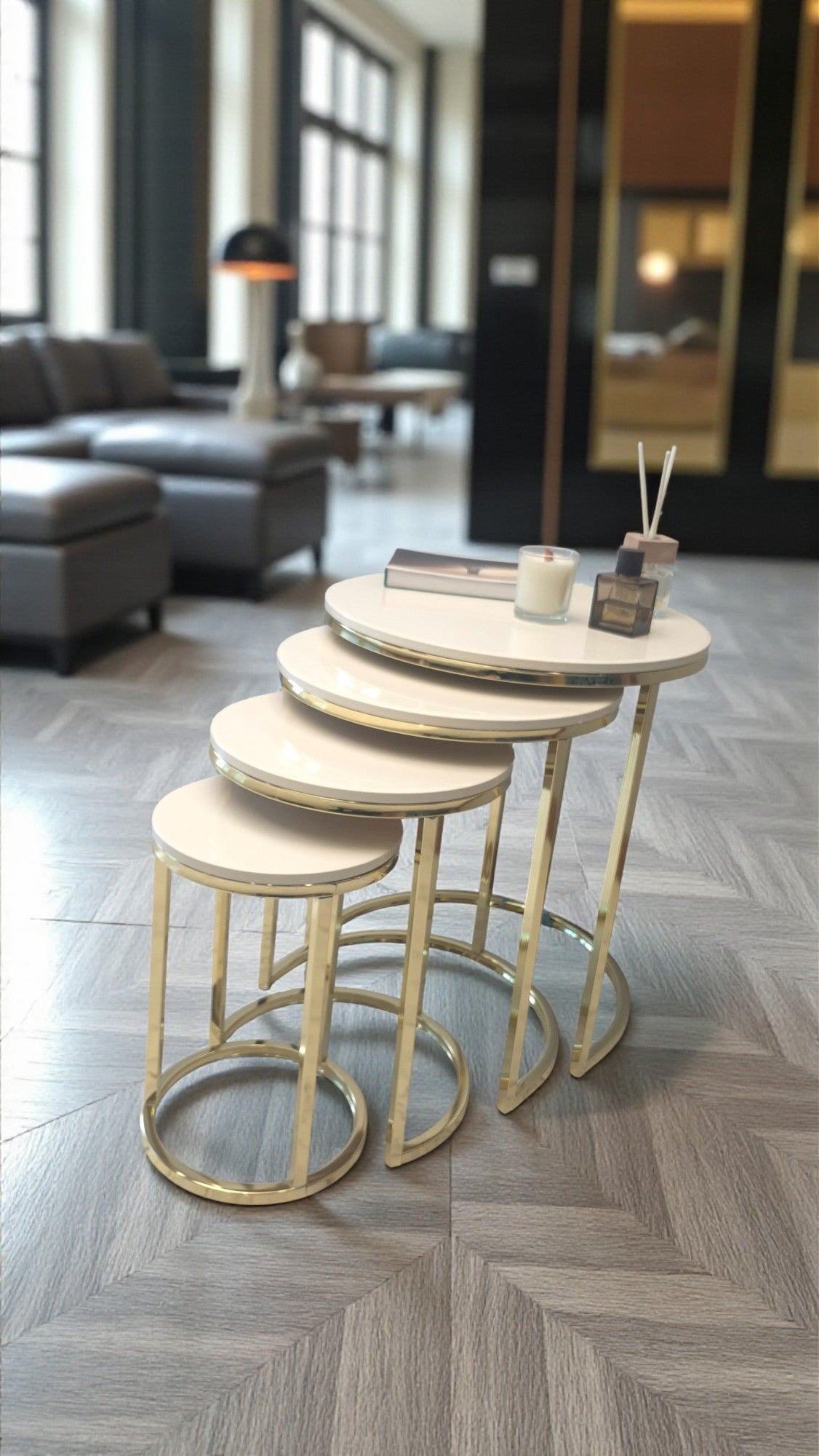 Elegante Serisi Metal Ayaklı MDF Tabla 4 lü Sehpa Seti