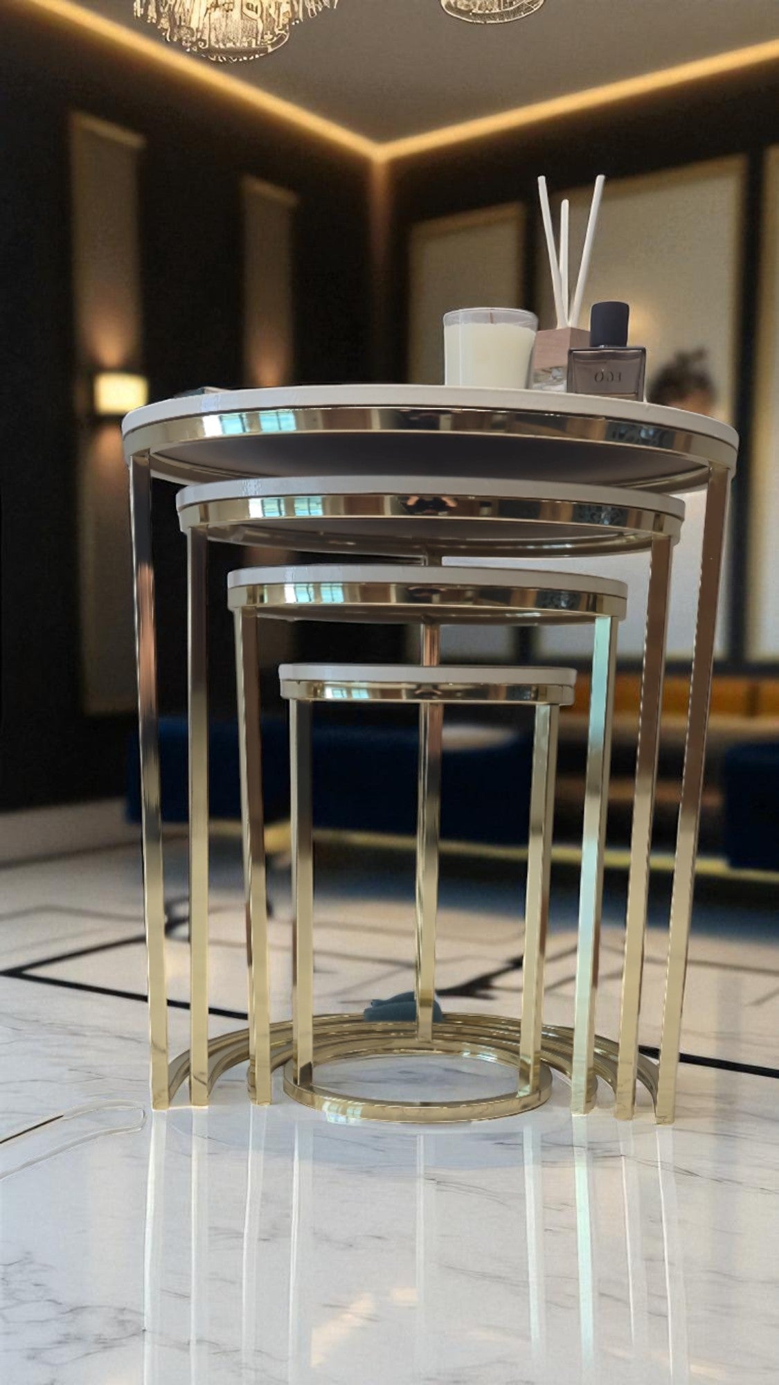 Elegante Serisi Metal Ayaklı MDF Tabla 4 lü Sehpa Seti