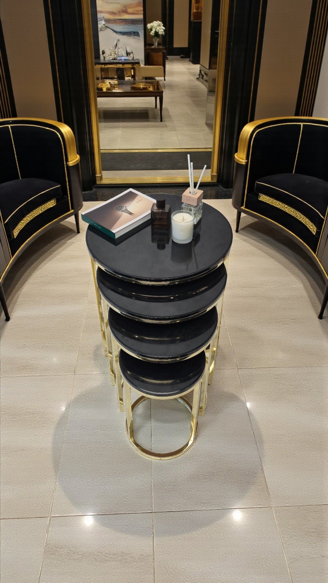 Elegante Serisi Metal Ayaklı MDF Tabla 4 lü Sehpa Seti