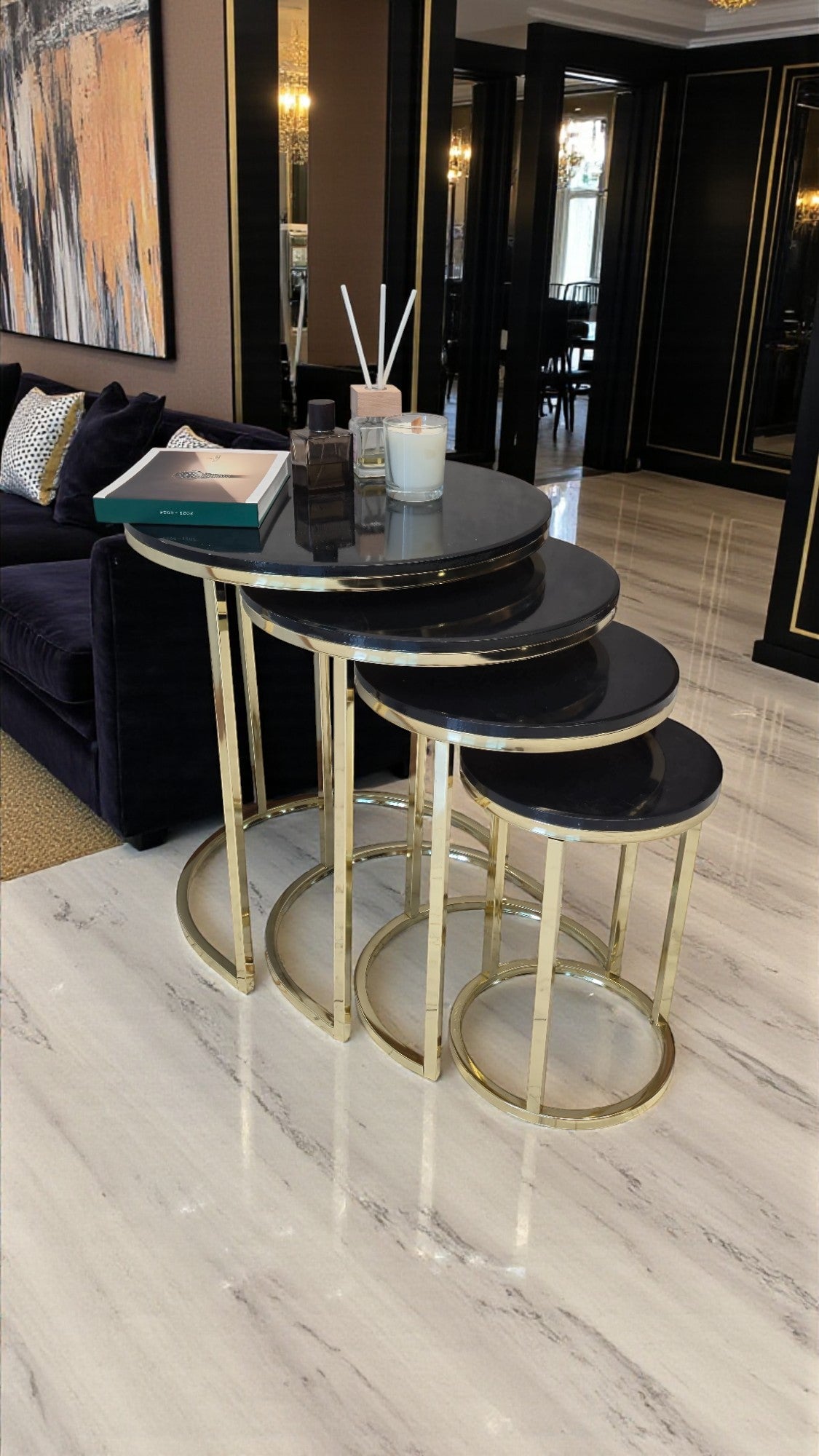 Elegante Serisi Metal Ayaklı MDF Tabla 4 lü Sehpa Seti