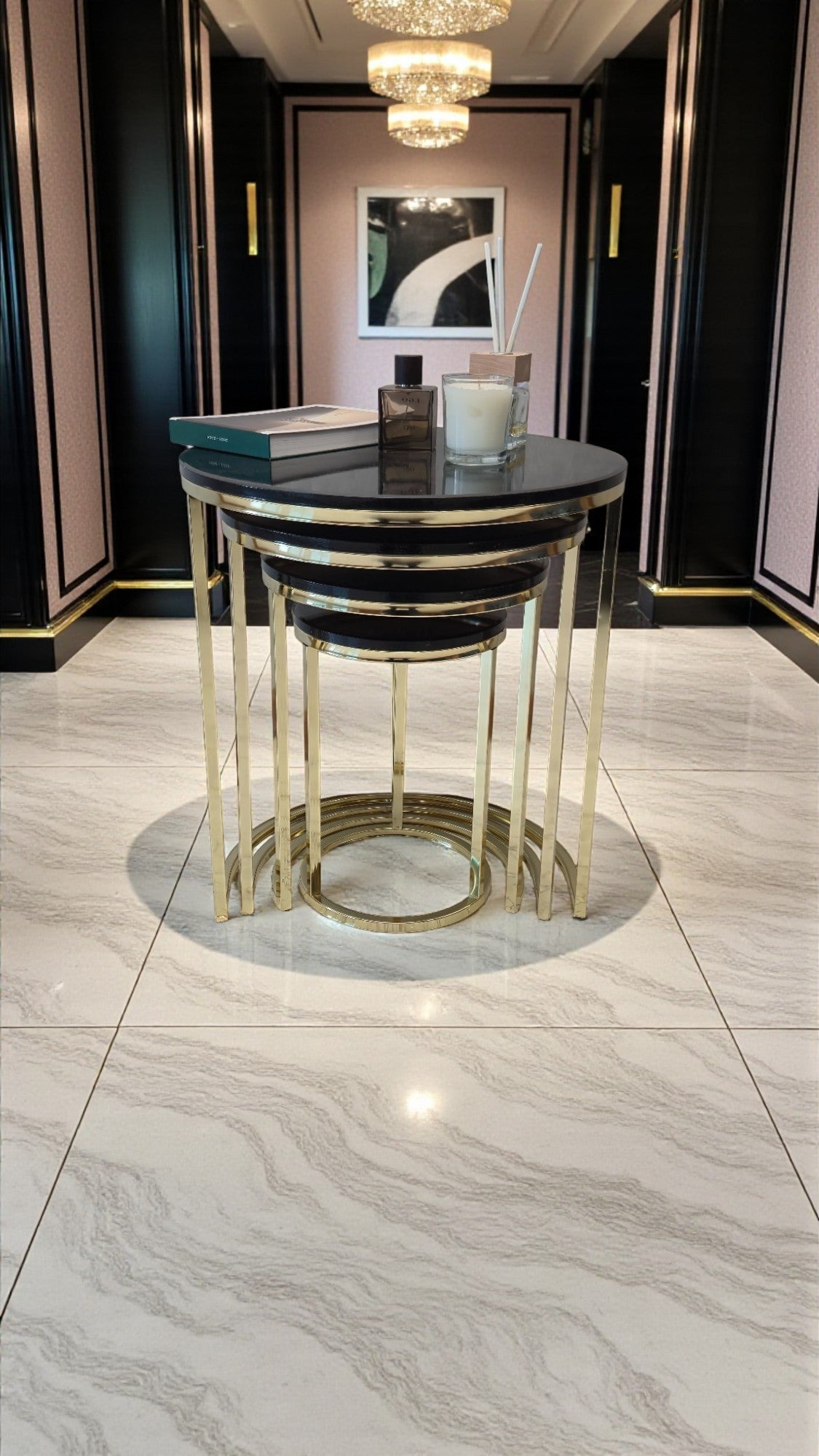 Elegante Serisi Metal Ayaklı MDF Tabla 4 lü Sehpa Seti