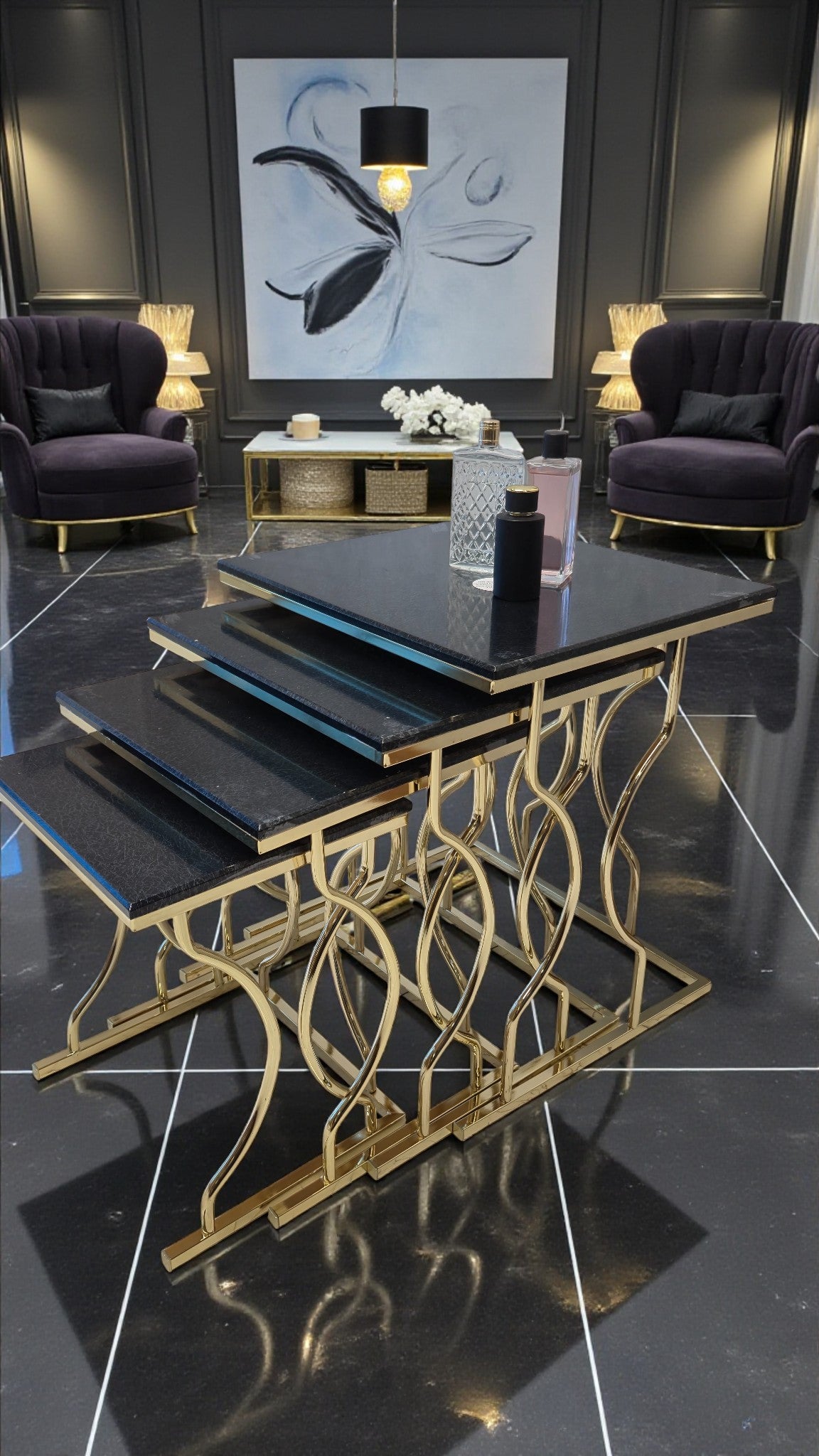 Arden Elite 4'lü Kare Zigon Sehpa Seti – Metal Ayak, MDF üst Tabla