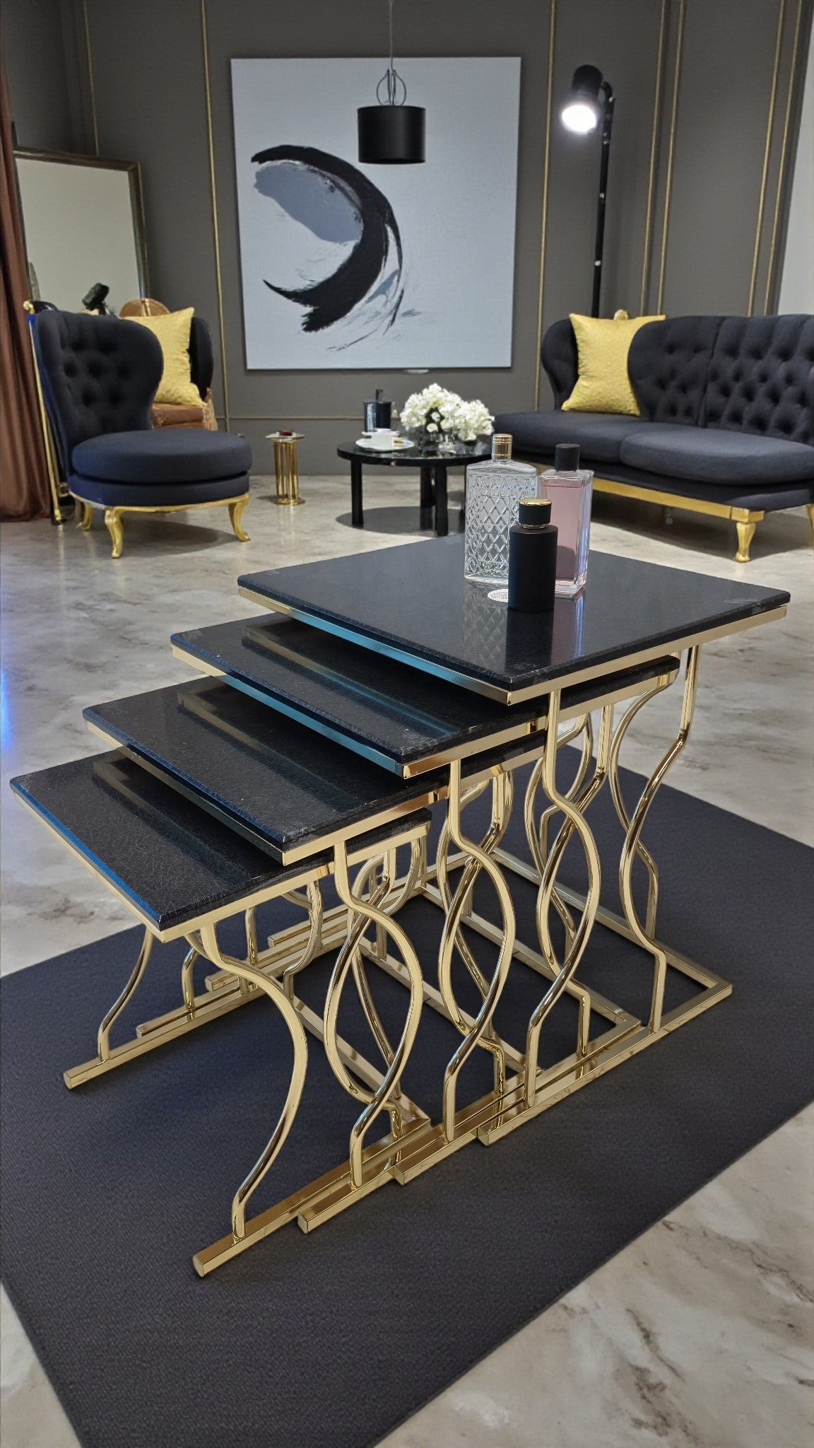 Arden Elite 4'lü Kare Zigon Sehpa Seti – Metal Ayak, MDF üst Tabla