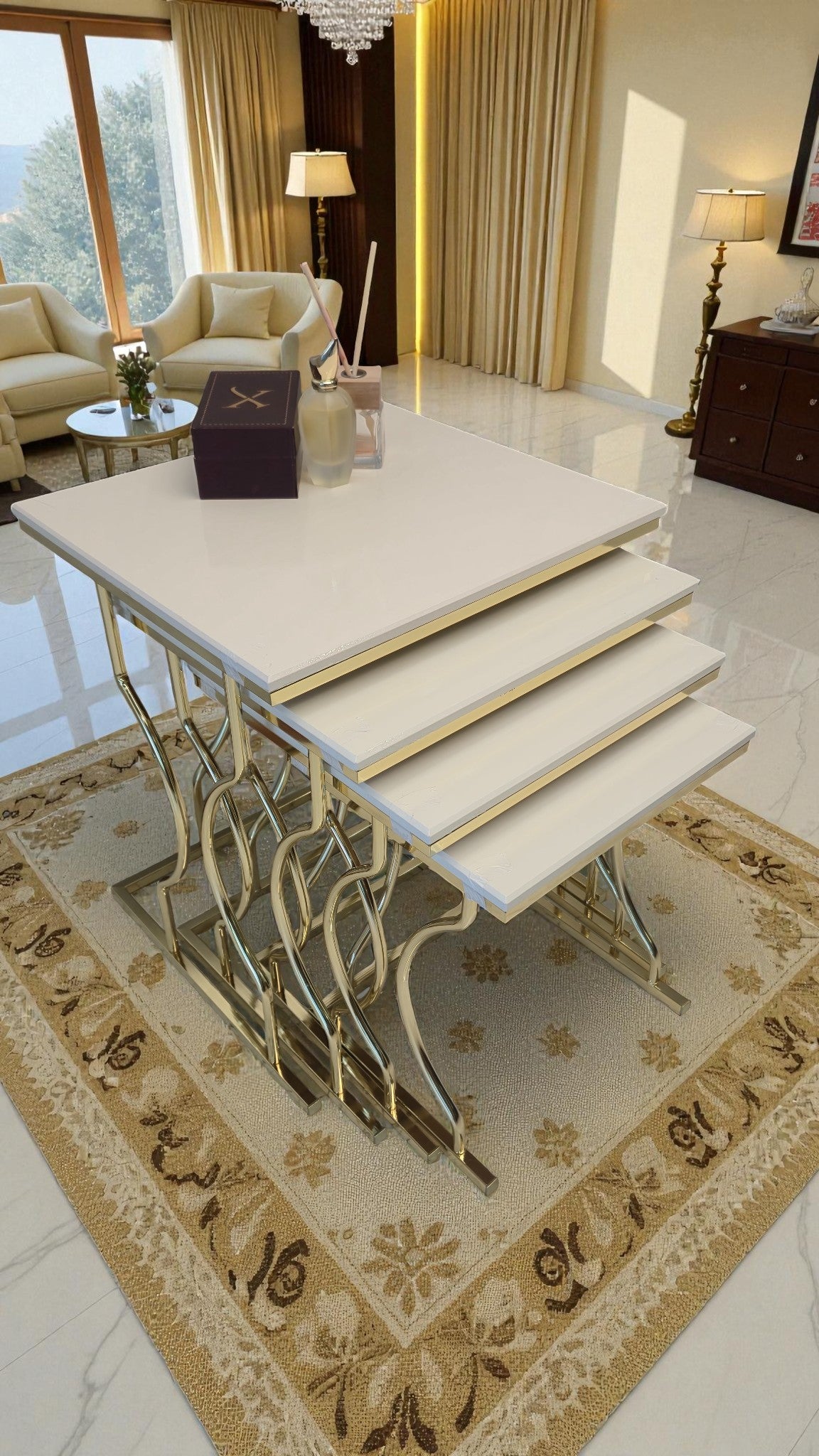 Arden Elite 4'lü Kare Zigon Sehpa Seti – Metal Ayak, MDF üst Tabla