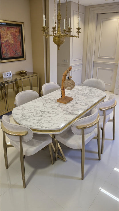 Venüs Serisi Beyaz Mermer Desenli Lak Panel Masa ve 6 Sandalyeli Yemek Masası Takımı