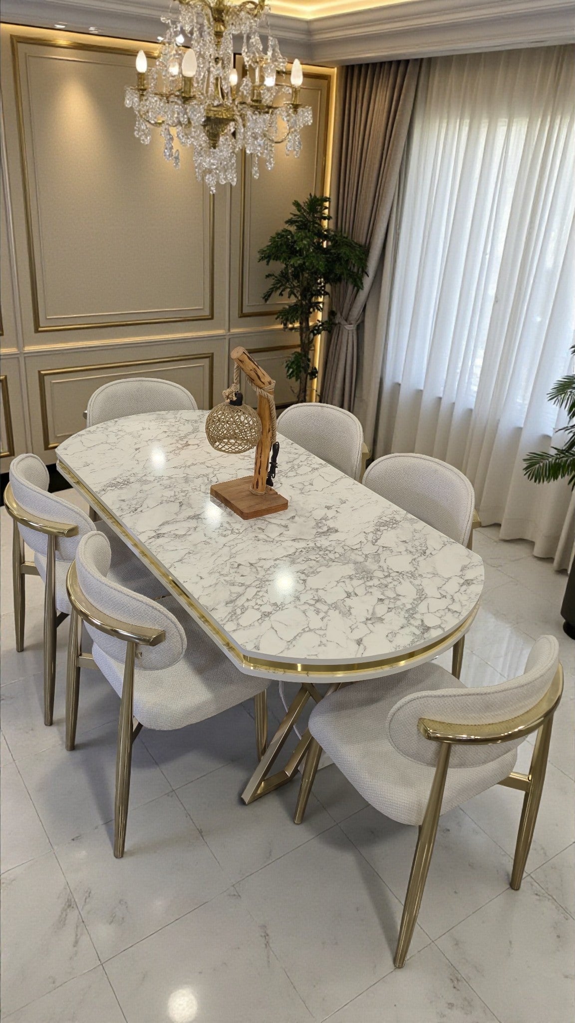 Venüs Serisi Beyaz Mermer Desenli Lak Panel Masa ve 6 Sandalyeli Yemek Masası Takımı