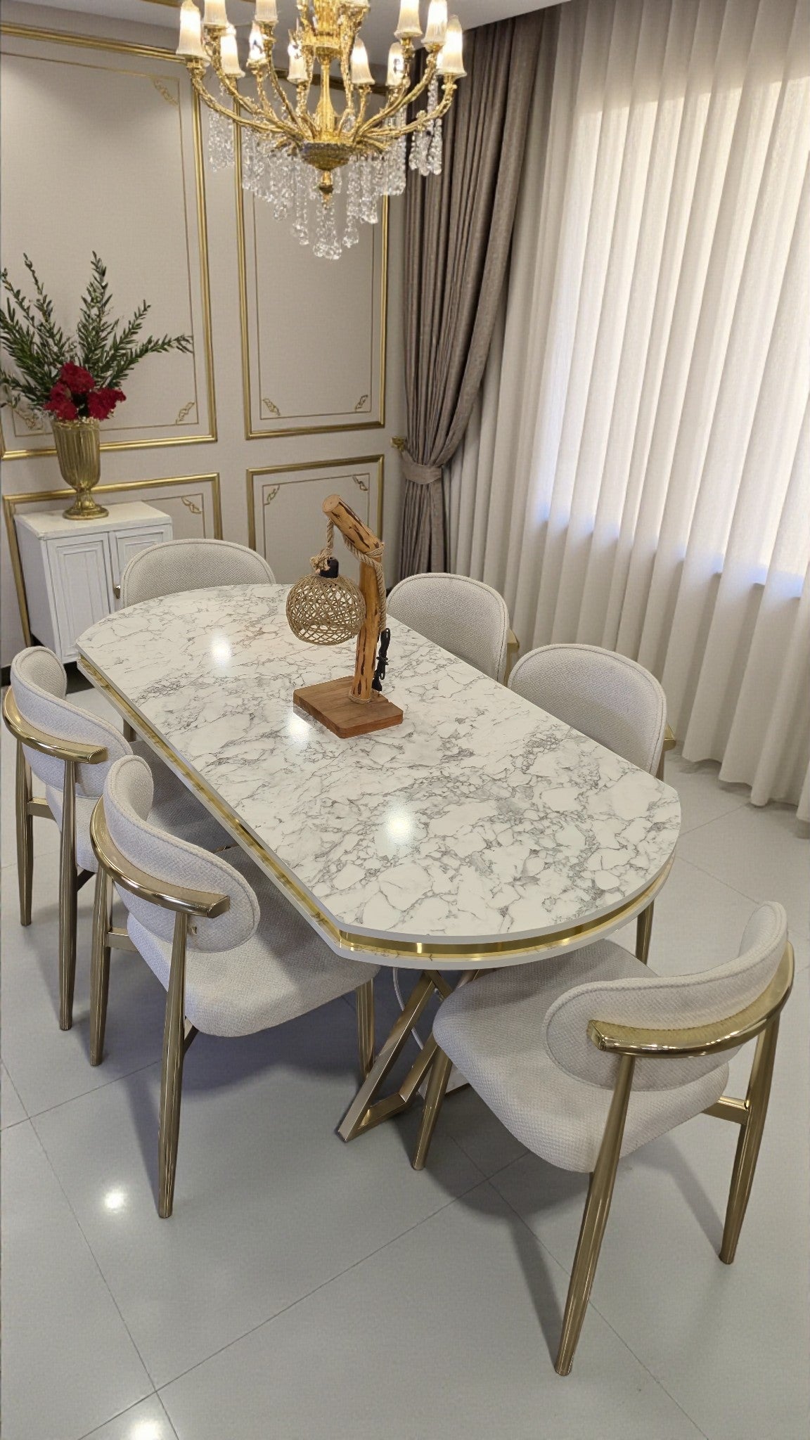 Venüs Serisi Beyaz Mermer Desenli Lak Panel Masa ve 6 Sandalyeli Yemek Masası Takımı