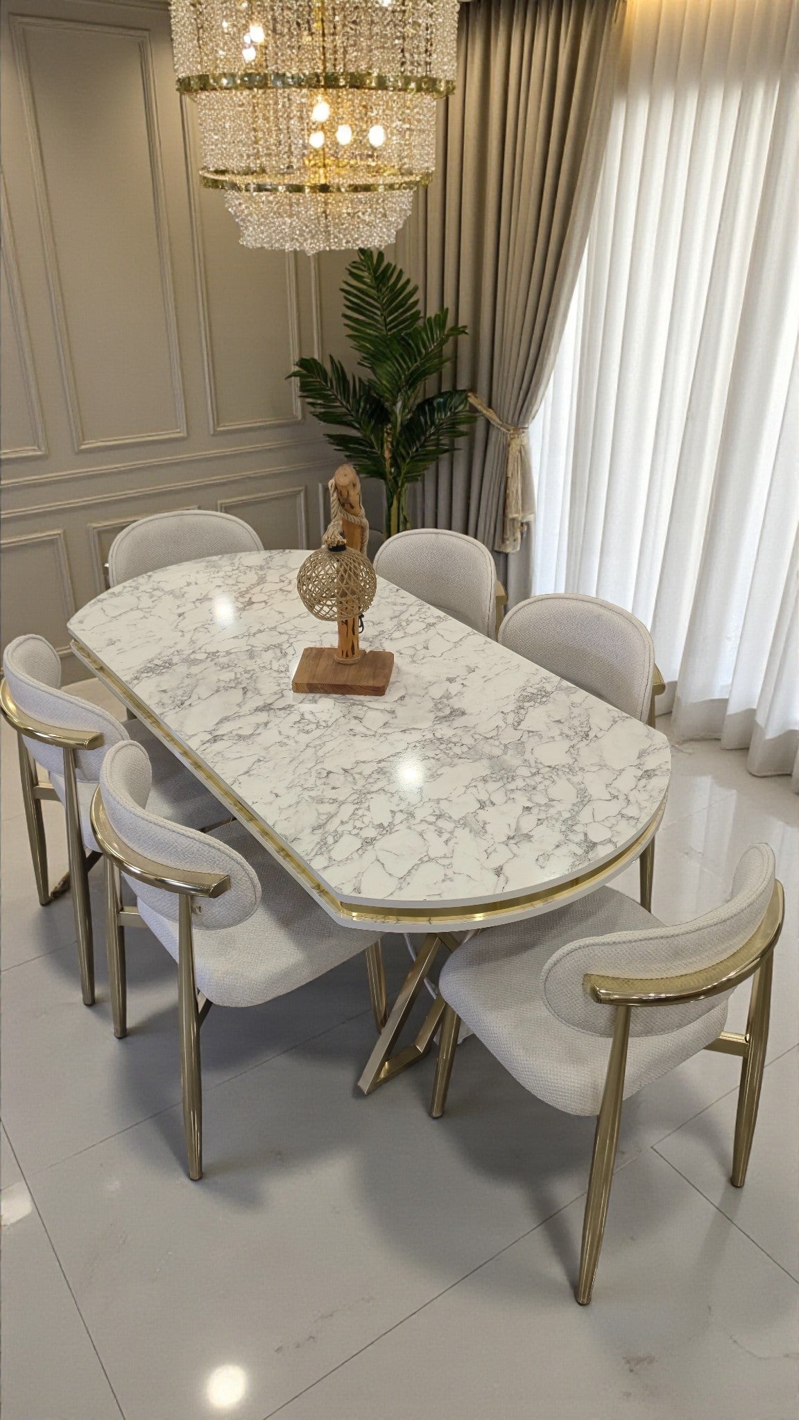 Venüs Serisi Beyaz Mermer Desenli Lak Panel Masa ve 6 Sandalyeli Yemek Masası Takımı