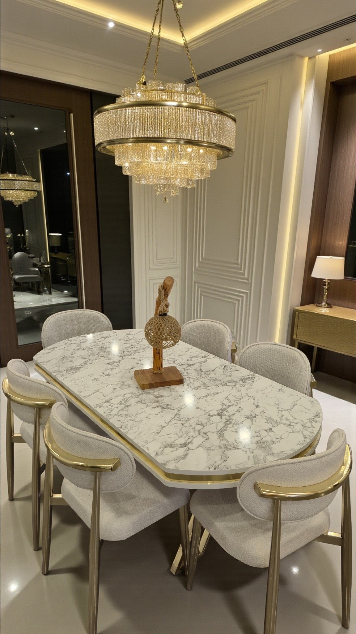 Venüs Serisi Beyaz Mermer Desenli Lak Panel Masa ve 6 Sandalyeli Yemek Masası Takımı