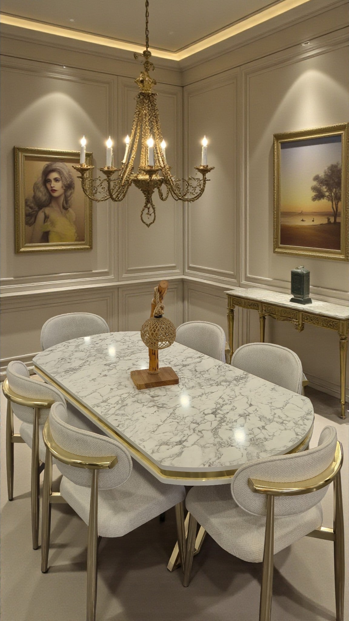 Venüs Serisi Beyaz Mermer Desenli Lak Panel Masa ve 6 Sandalyeli Yemek Masası Takımı
