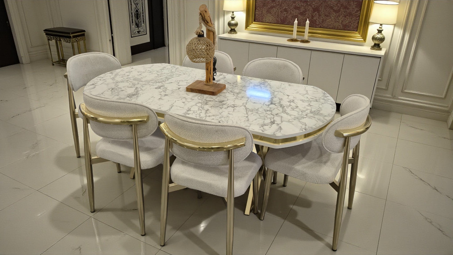 Venüs Serisi Beyaz Mermer Desenli Lak Panel Masa ve 6 Sandalyeli Yemek Masası Takımı