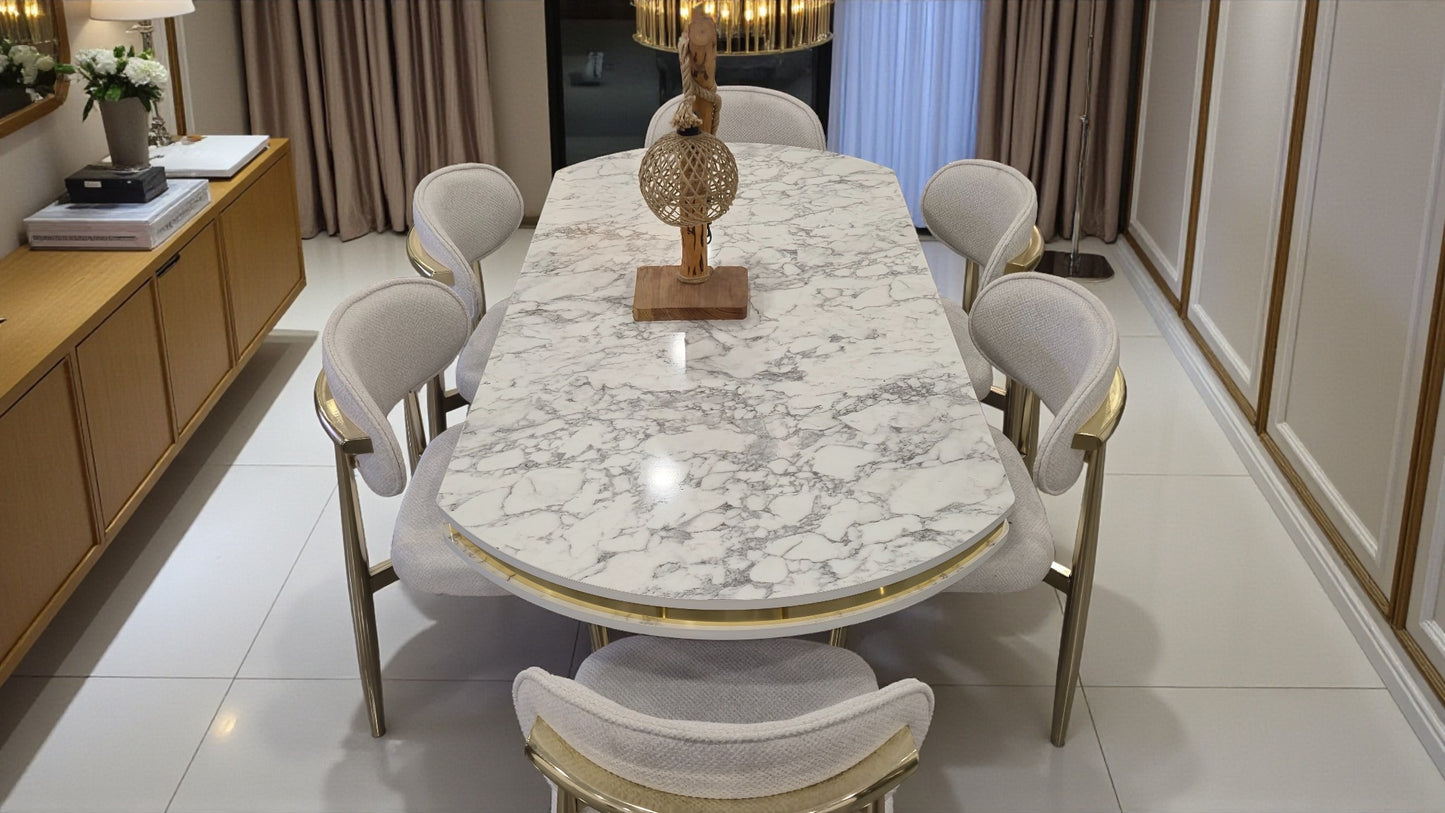 Venüs Serisi Beyaz Mermer Desenli Lak Panel Masa ve 6 Sandalyeli Yemek Masası Takımı