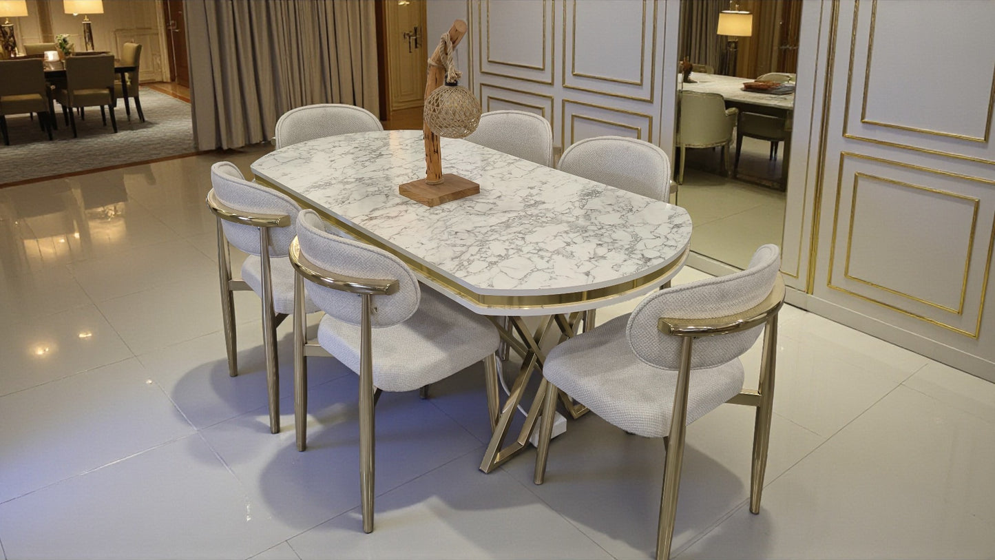 Venüs Serisi Beyaz Mermer Desenli Lak Panel Masa ve 6 Sandalyeli Yemek Masası Takımı