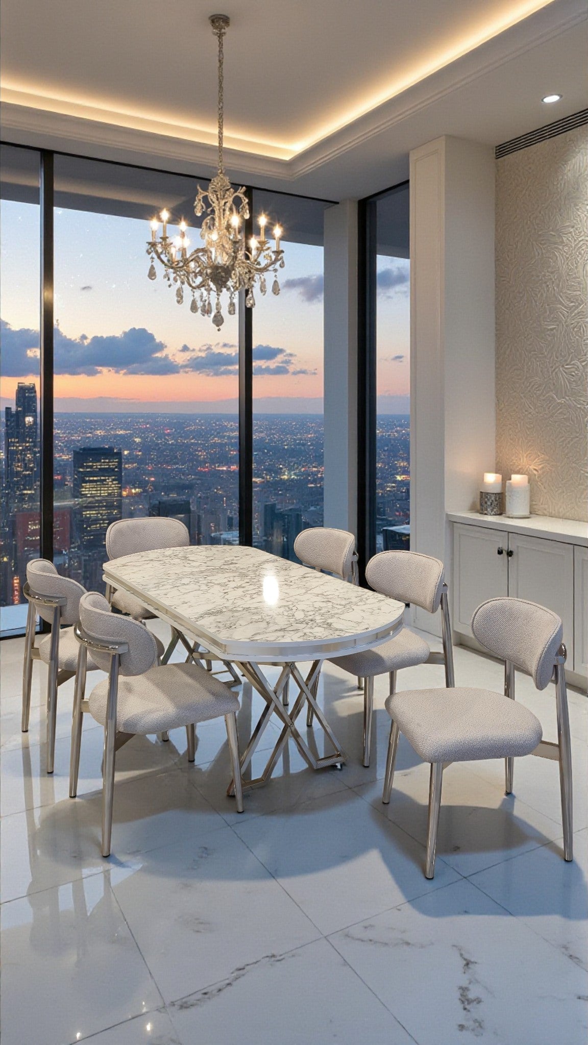 Venüs Serisi Beyaz Mermer Desenli Lak Panel Masa ve 6 Sandalyeli Yemek Masası Takımı