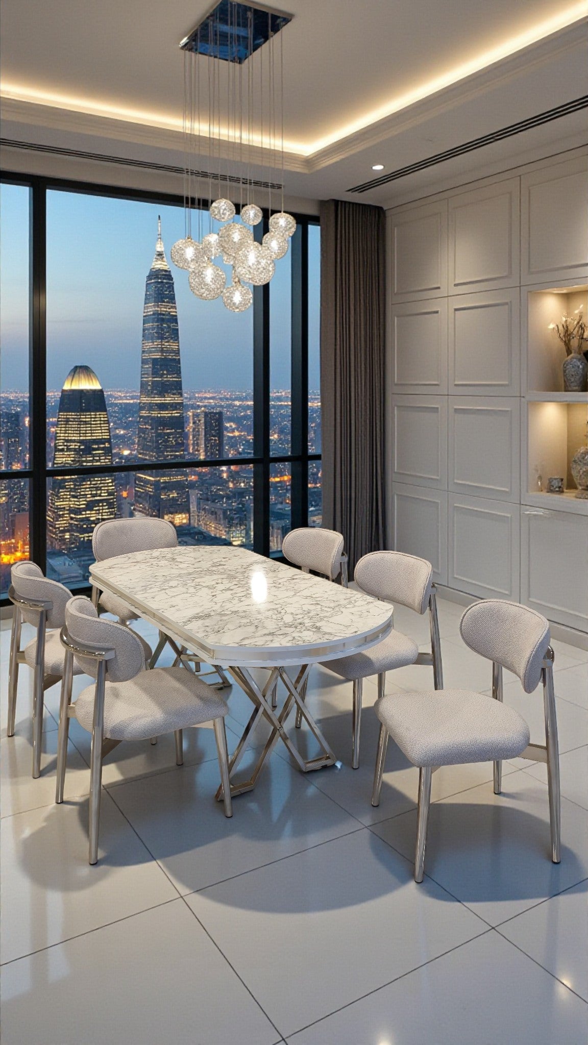 Venüs Serisi Beyaz Mermer Desenli Lak Panel Masa ve 6 Sandalyeli Yemek Masası Takımı