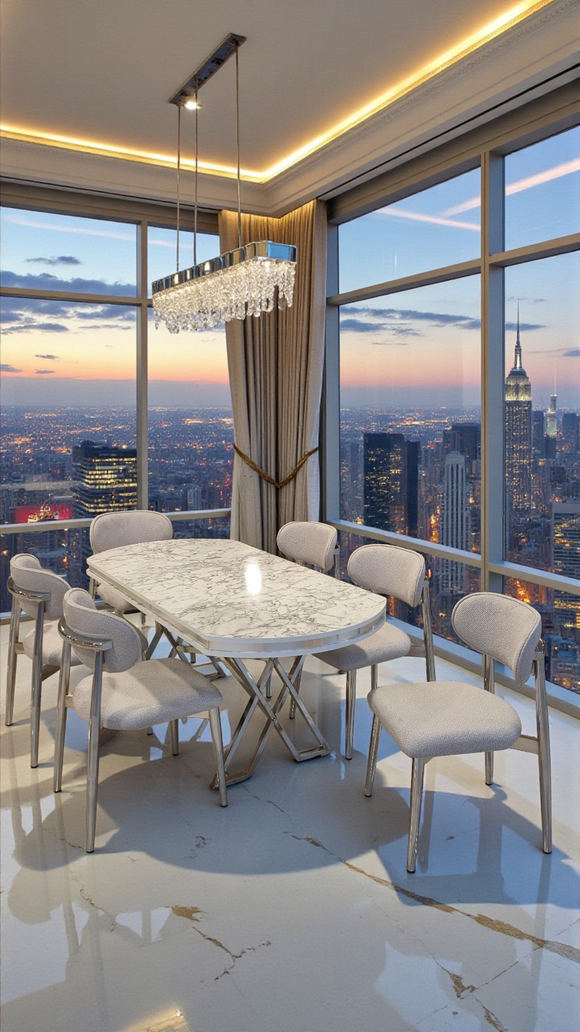 Venüs Serisi Beyaz Mermer Desenli Lak Panel Masa ve 6 Sandalyeli Yemek Masası Takımı