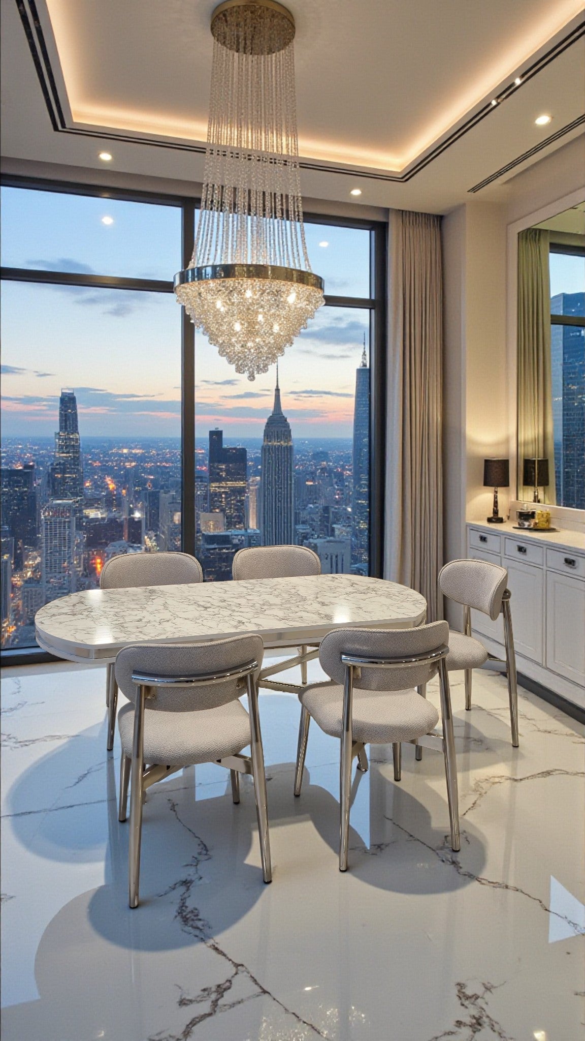 Venüs Serisi Beyaz Mermer Desenli Lak Panel Masa ve 6 Sandalyeli Yemek Masası Takımı