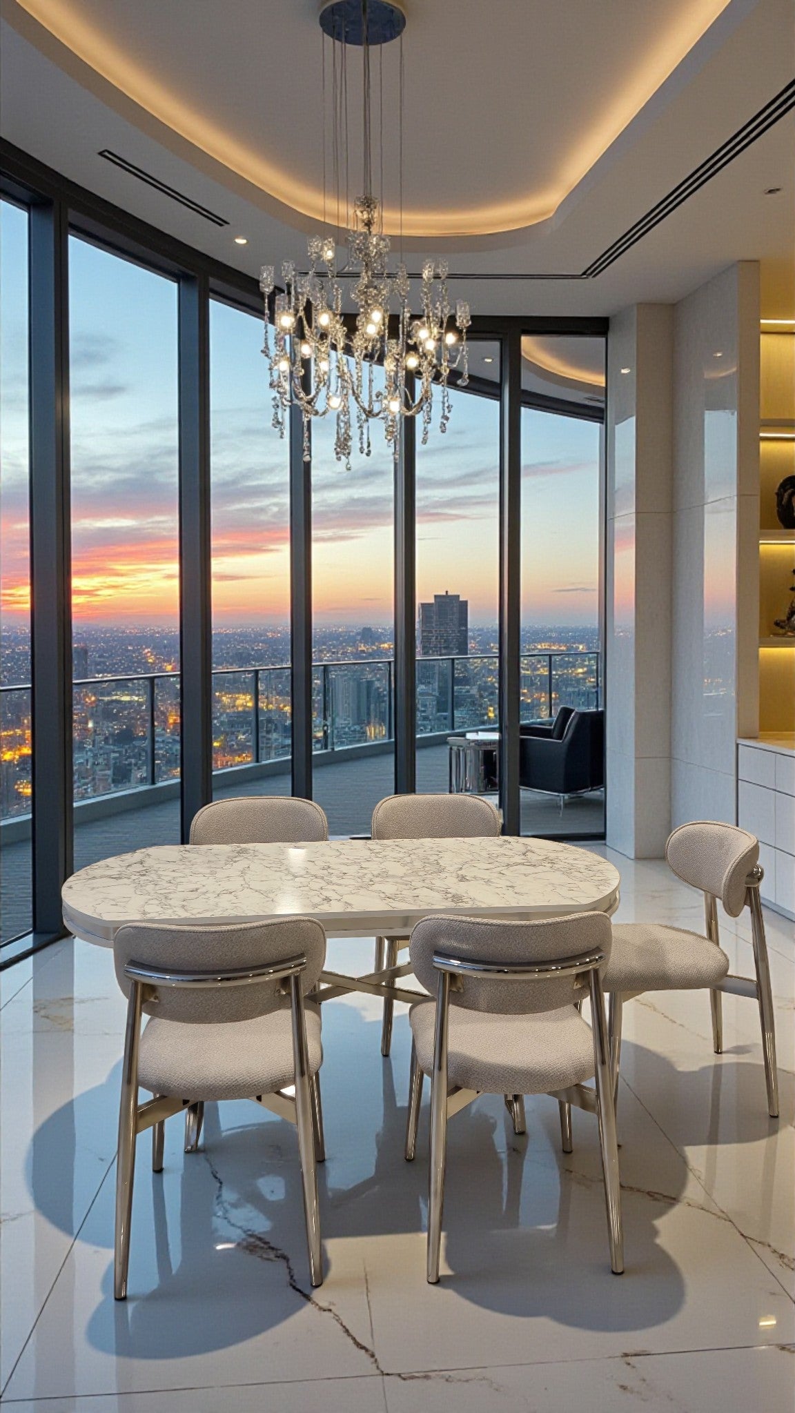 Venüs Serisi Beyaz Mermer Desenli Lak Panel Masa ve 6 Sandalyeli Yemek Masası Takımı