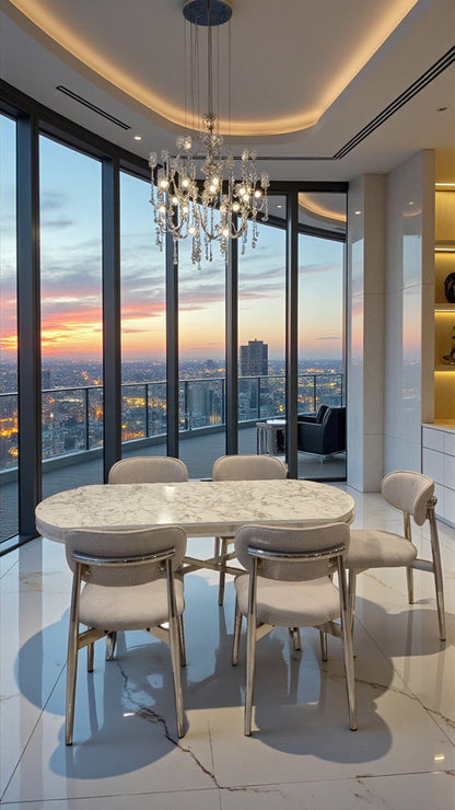 Venüs Serisi Beyaz Mermer Desenli Lak Panel Masa ve 6 Sandalyeli Yemek Masası Takımı