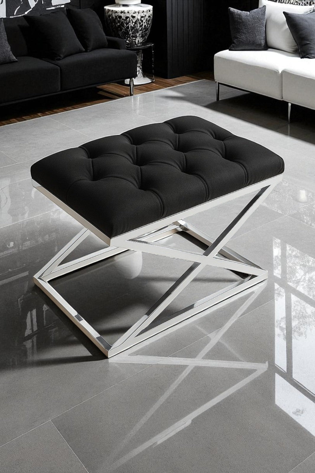 Delano X Bench Puf – Krom Metal Ayaklı, Babyface Kumaş, 40x60 cm, 44 cm Yükseklik