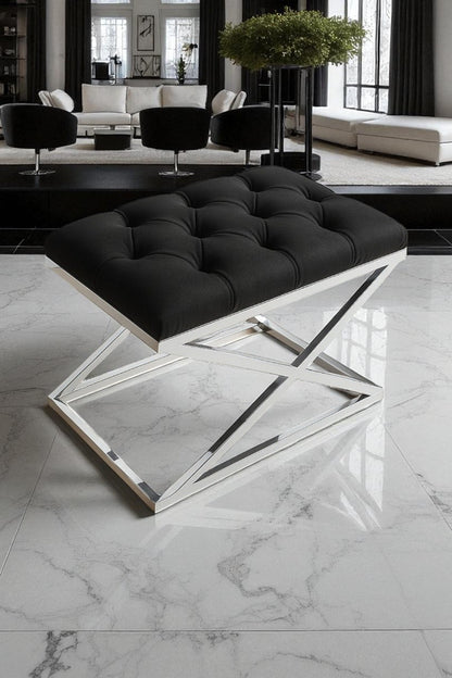 Delano X Bench Puf – Krom Metal Ayaklı, Babyface Kumaş, 40x60 cm, 44 cm Yükseklik