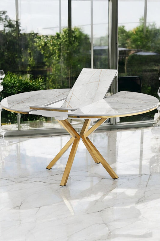 Arhor Serisi Beyaz Mermer Desen Gold Ayak Açılır Oval Yemek Masası (Q120 → Q160)