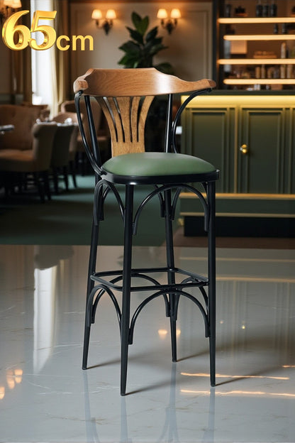 Vegas Serisi Ahşap Sırt Dayamalı Metal Ayaklı Yeşil Deri 65 CM Bar Sandalyesi