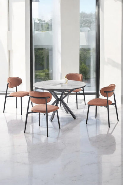 Arhor Serisi 120x120 Açılabilir Lak Panel Beyaz Mermer Desen Masa Takımı Krem Sandalye