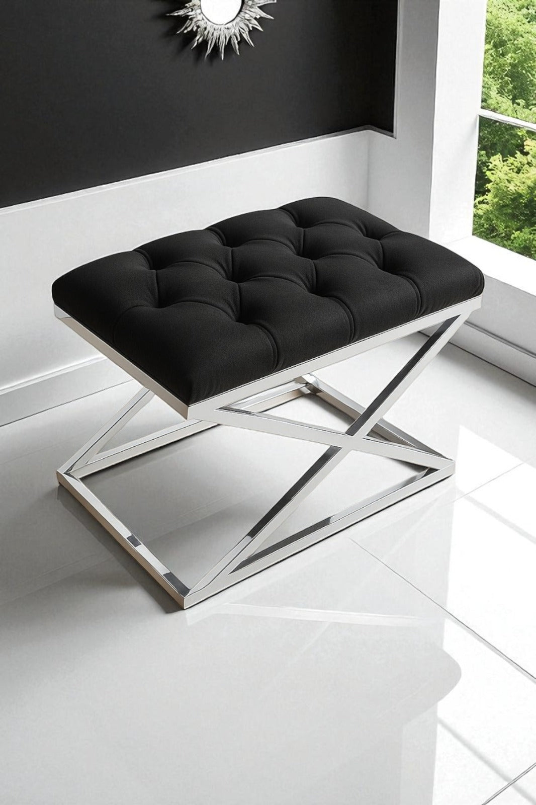 Delano X Bench Puf – Krom Metal Ayaklı, Babyface Kumaş, 40x60 cm, 44 cm Yükseklik
