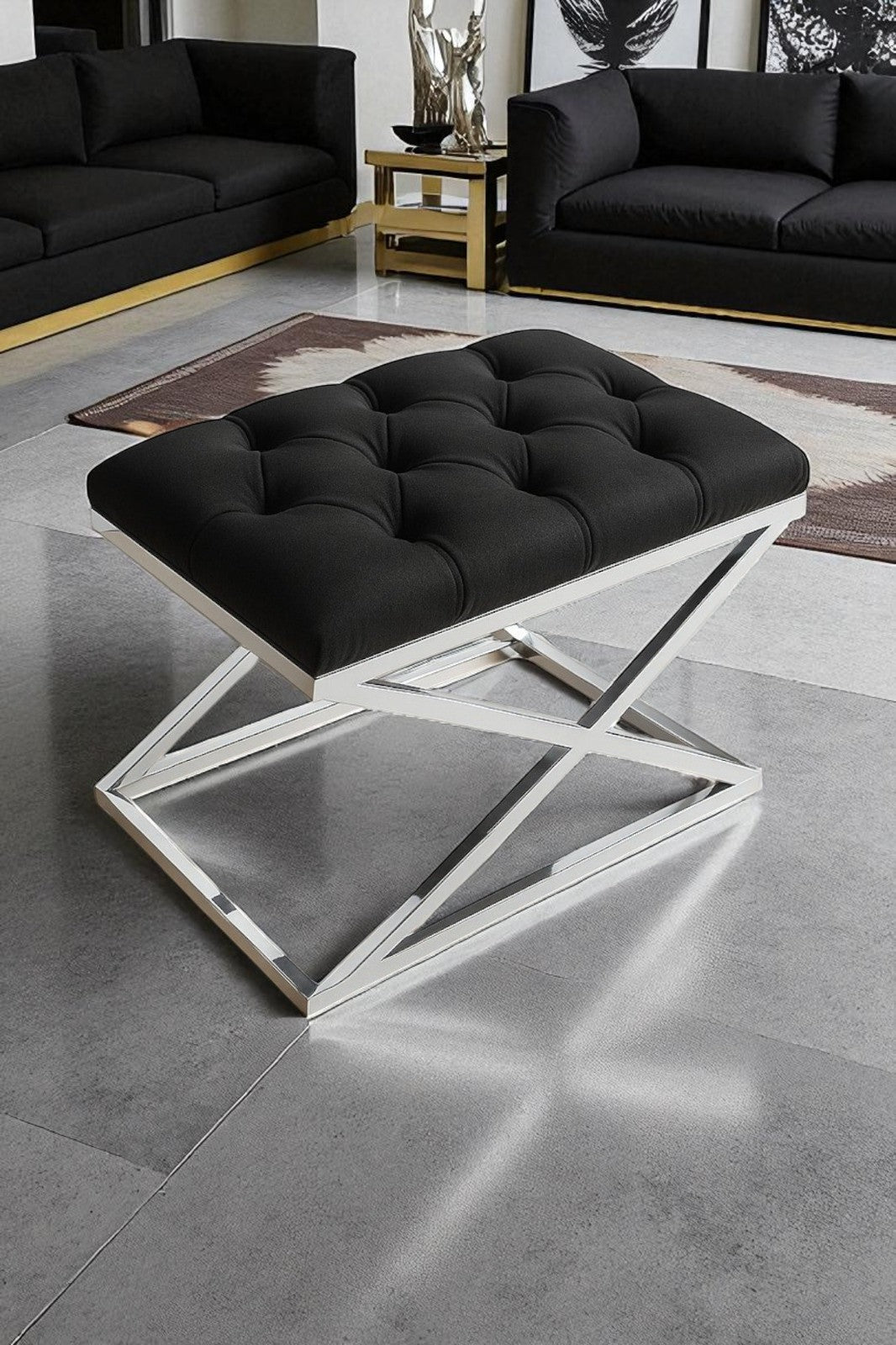 Delano X Bench Puf – Krom Metal Ayaklı, Babyface Kumaş, 40x60 cm, 44 cm Yükseklik