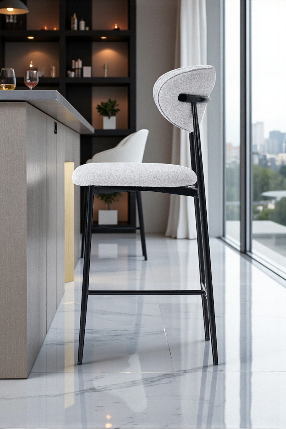 Hanev Serisi Metal Ayaklı BabyFace Kumaşlı 65 cm Bar Sandalyesi