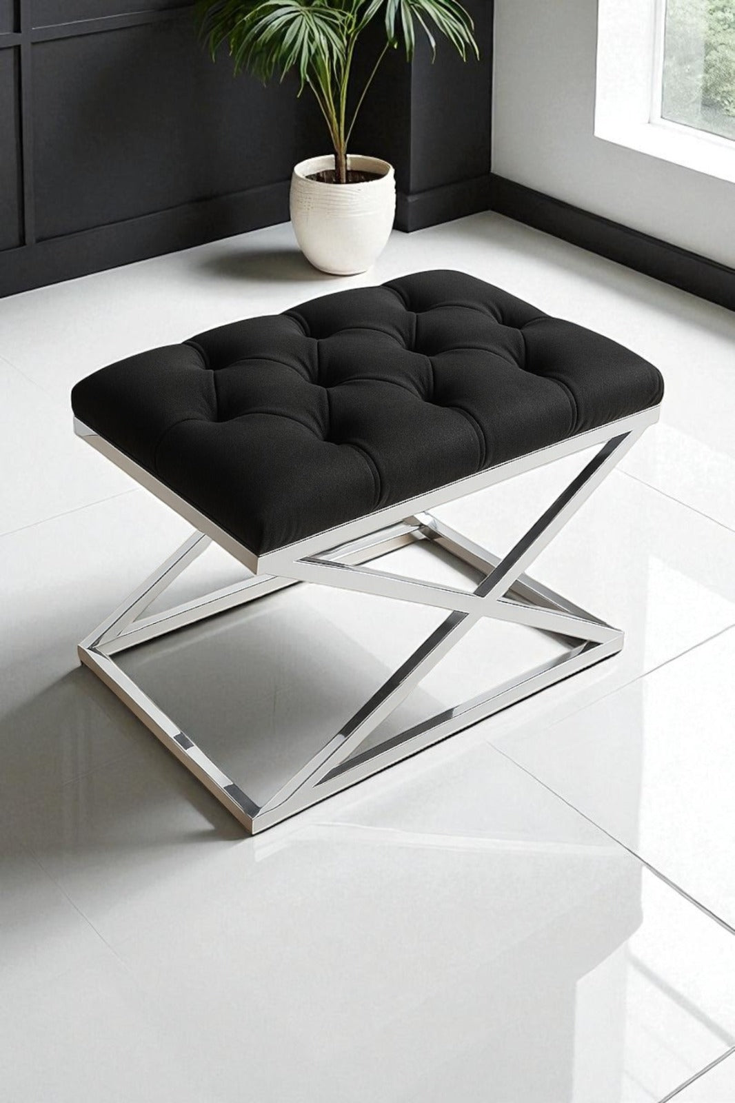 Delano X Bench Puf – Krom Metal Ayaklı, Babyface Kumaş, 40x60 cm, 44 cm Yükseklik