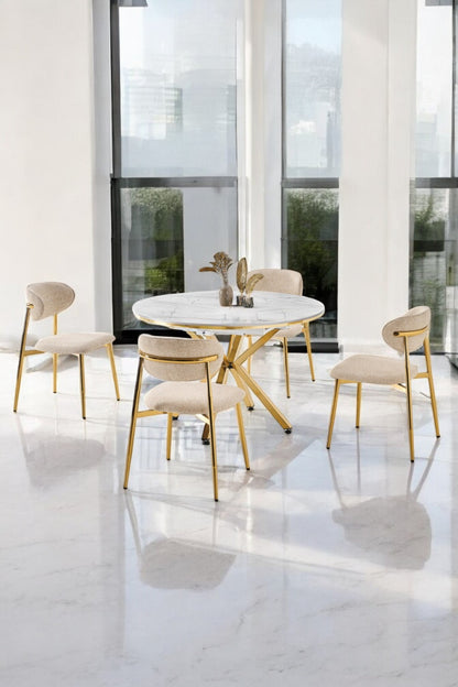 Arhor Serisi 120x120 Açılabilir Lak Panel Beyaz Mermer Desen Masa Takımı 4 Adet Krem Sandalye