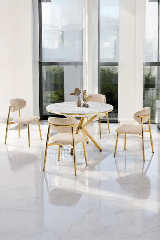 Arhor Serisi 120x120 Açılabilir Lak Panel Beyaz Mermer Desen Masa Takımı 4 Adet Krem Sandalye