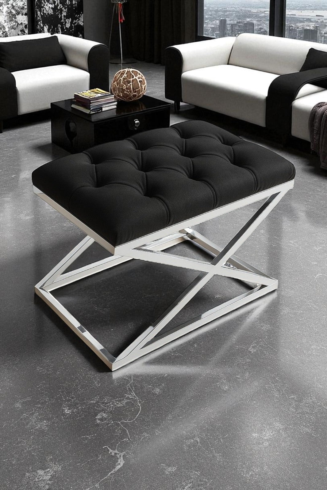 Delano X Bench Puf – Krom Metal Ayaklı, Babyface Kumaş, 40x60 cm, 44 cm Yükseklik