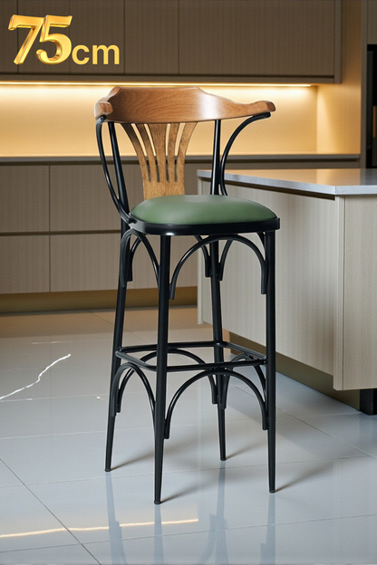 Vegas Serisi Ahşap Sırt Dayamalı Metal Ayaklı Yeşil Deri 75 CM Bar Sandalyesi