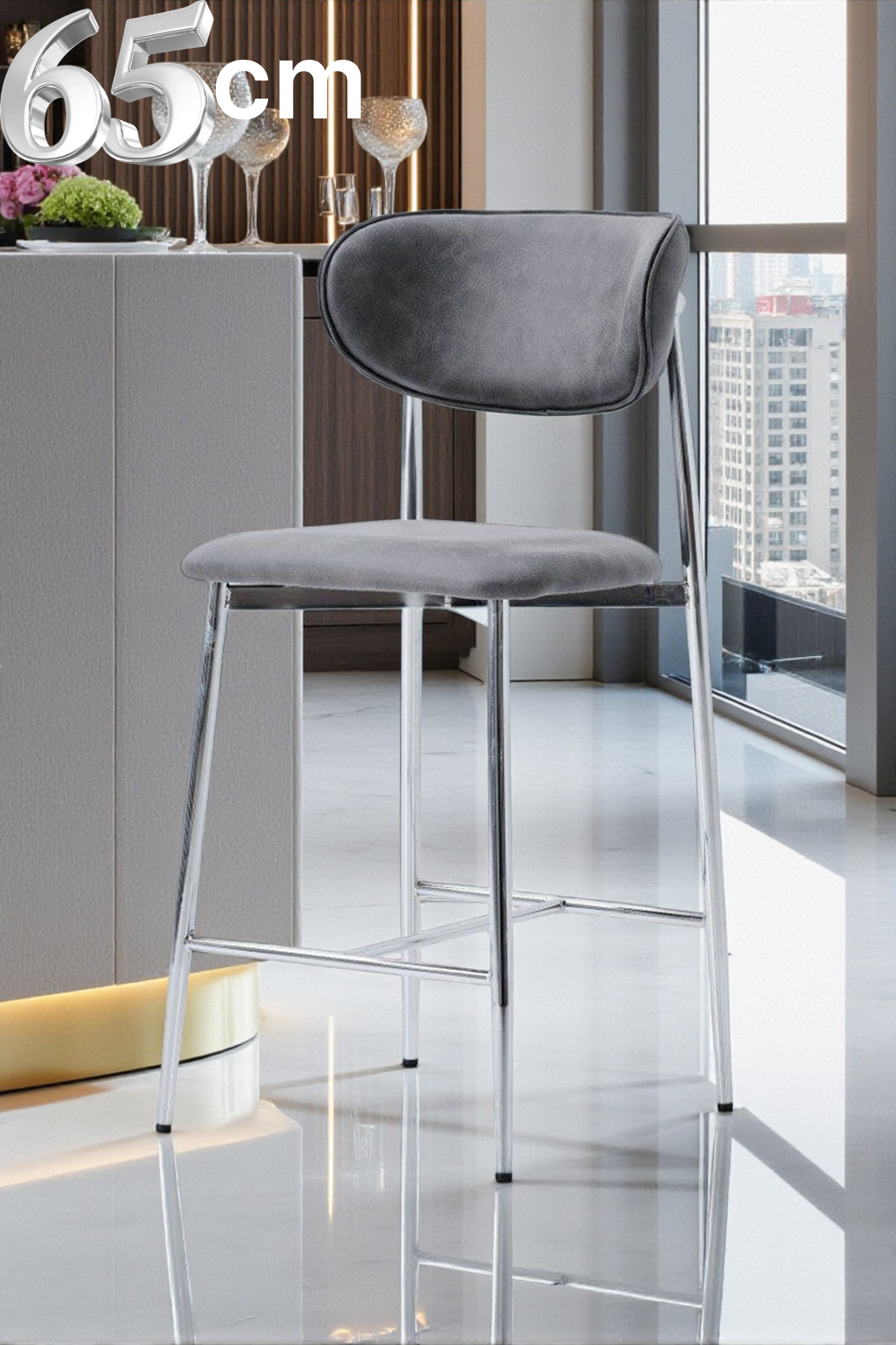 Hanev Serisi Metal Ayaklı BabyFace Kumaşlı 65 cm Bar Sandalyesi