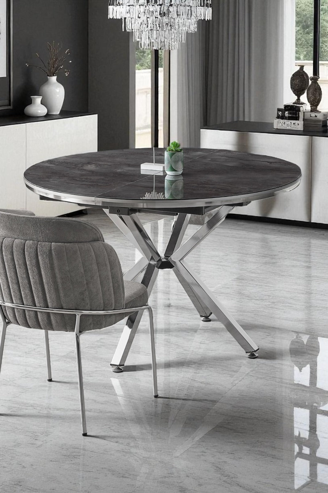 Arhor Serisi Antrasit Mermer Desen Krom Ayak Açılır Oval Yemek Masası (Q100 → Q134)