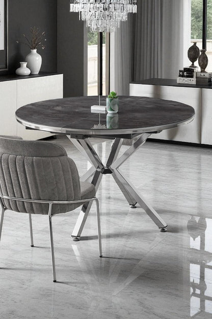 Arhor Serisi Antrasit Mermer Desen Krom Ayak Açılır Oval Yemek Masası (Q100 → Q134)