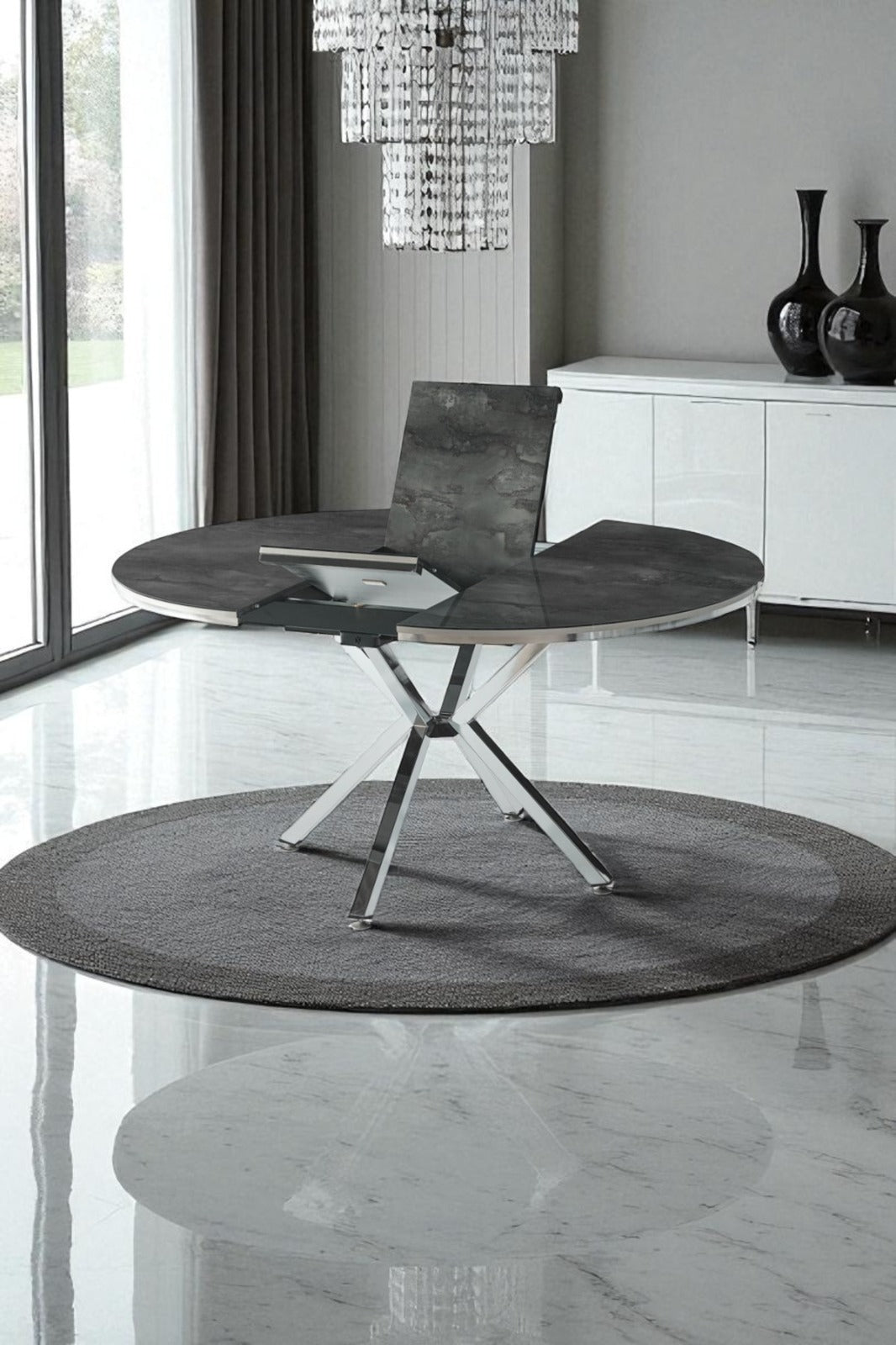 Arhor Serisi Antrasit Mermer Desen Krom Ayak Açılır Oval Yemek Masası (Q100 → Q134)