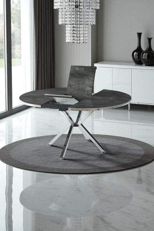 Arhor Serisi Antrasit Mermer Desen Krom Ayak Açılır Oval Yemek Masası (Q100 → Q134)