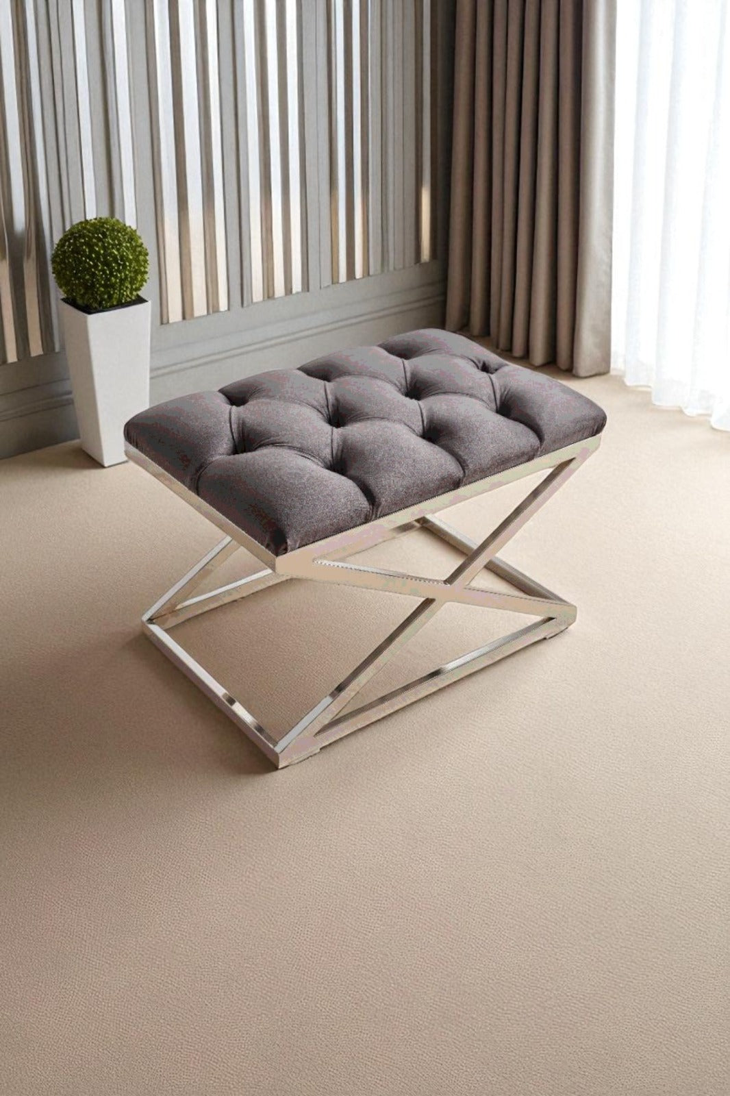 Delano X Bench Puf – Krom Metal Ayaklı, Babyface Kumaş, 40x60 cm, 44 cm Yükseklik (Kopya)