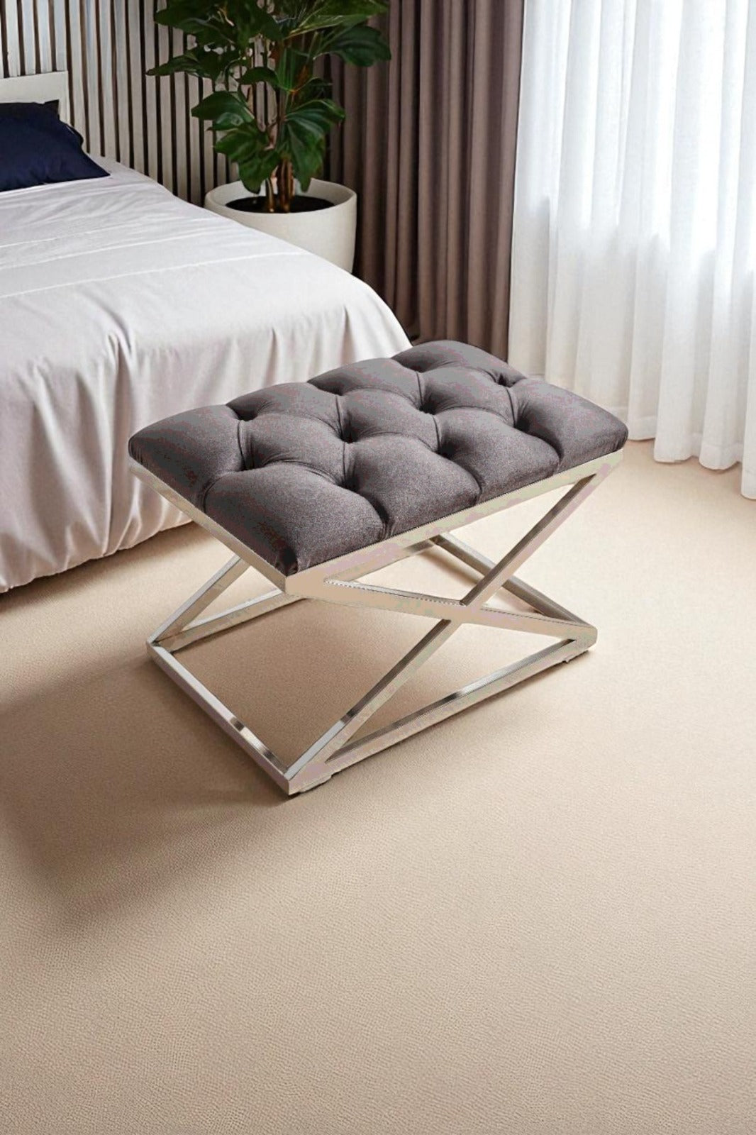 Delano X Bench Puf – Krom Metal Ayaklı, Babyface Kumaş, 40x60 cm, 44 cm Yükseklik (Kopya)