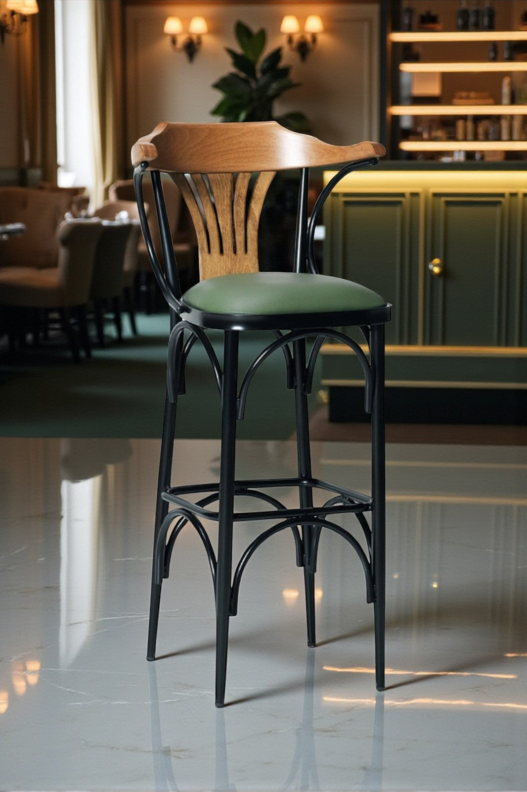 Vegas Serisi Ahşap Sırt Dayamalı Metal Ayaklı Yeşil Deri 75 CM Bar Sandalyesi