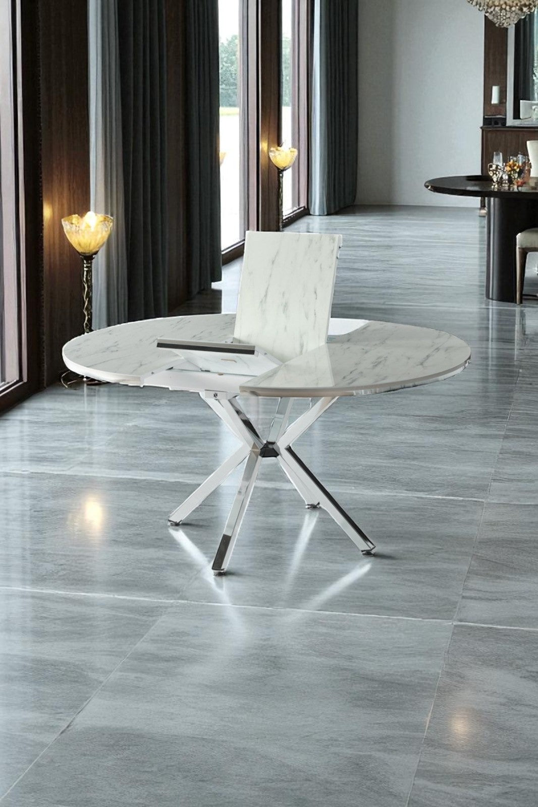 Arhor Serisi Beyaz Mermer Desen Krom Ayak Açılır Oval Yemek Masası (Q100 → Q134)