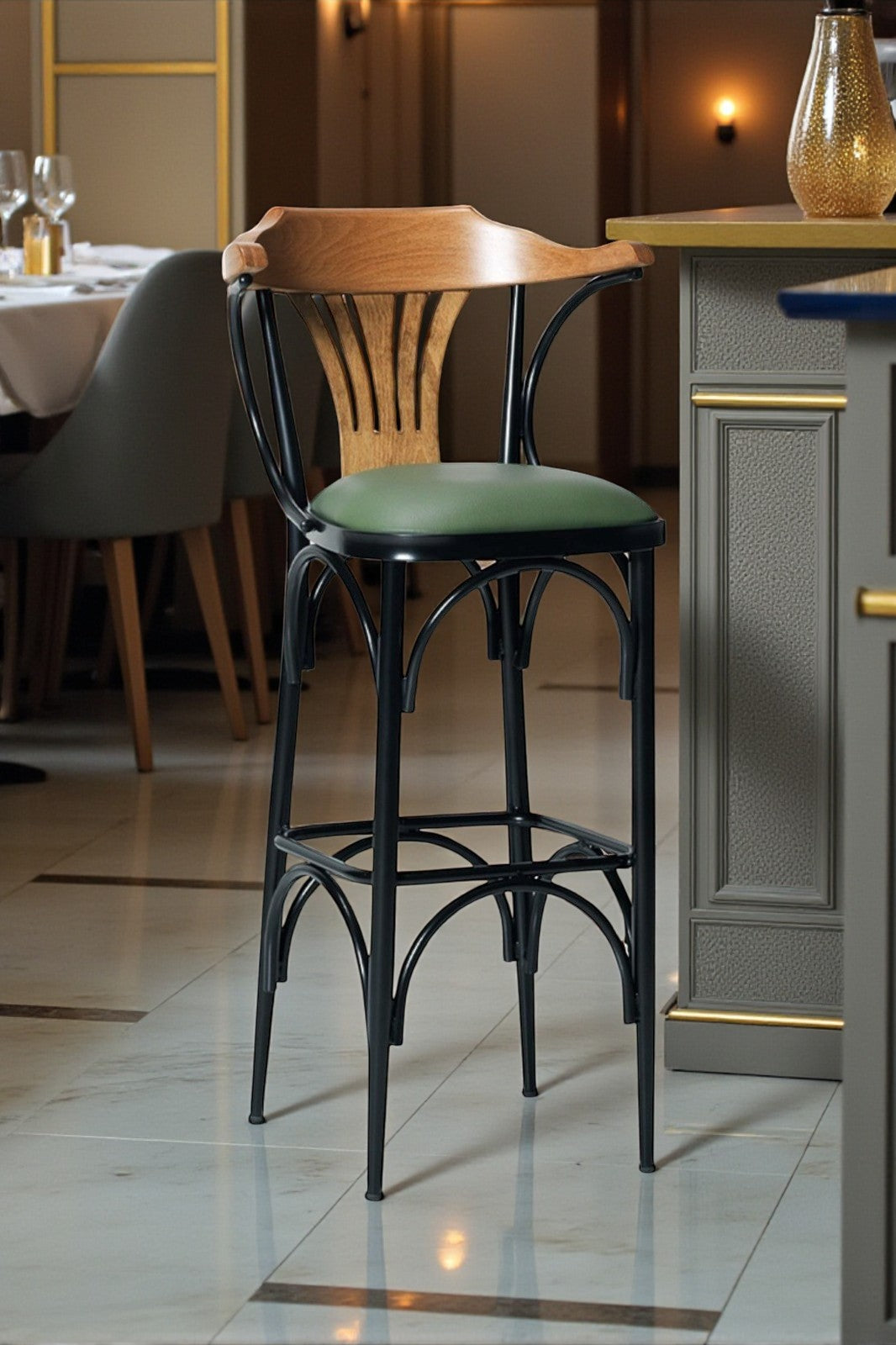 Vegas Serisi Ahşap Sırt Dayamalı Metal Ayaklı Yeşil Deri 75 CM Bar Sandalyesi